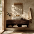 Floating Bathroom Vanity with Textured Wood Drawers and Open Shelf in Natural Solid Wood