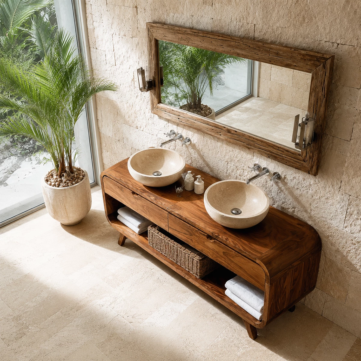 Double Sink Bathroom Vanity with Rounded Corners in Natural Solid Wood