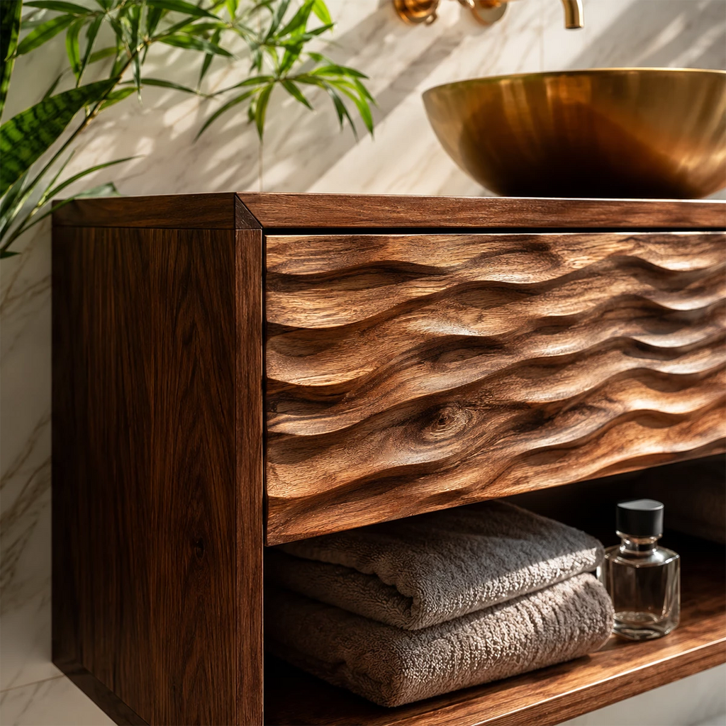 Floating Solid Wood Bathroom Vanity with Carved Wave Drawers and Open Storage