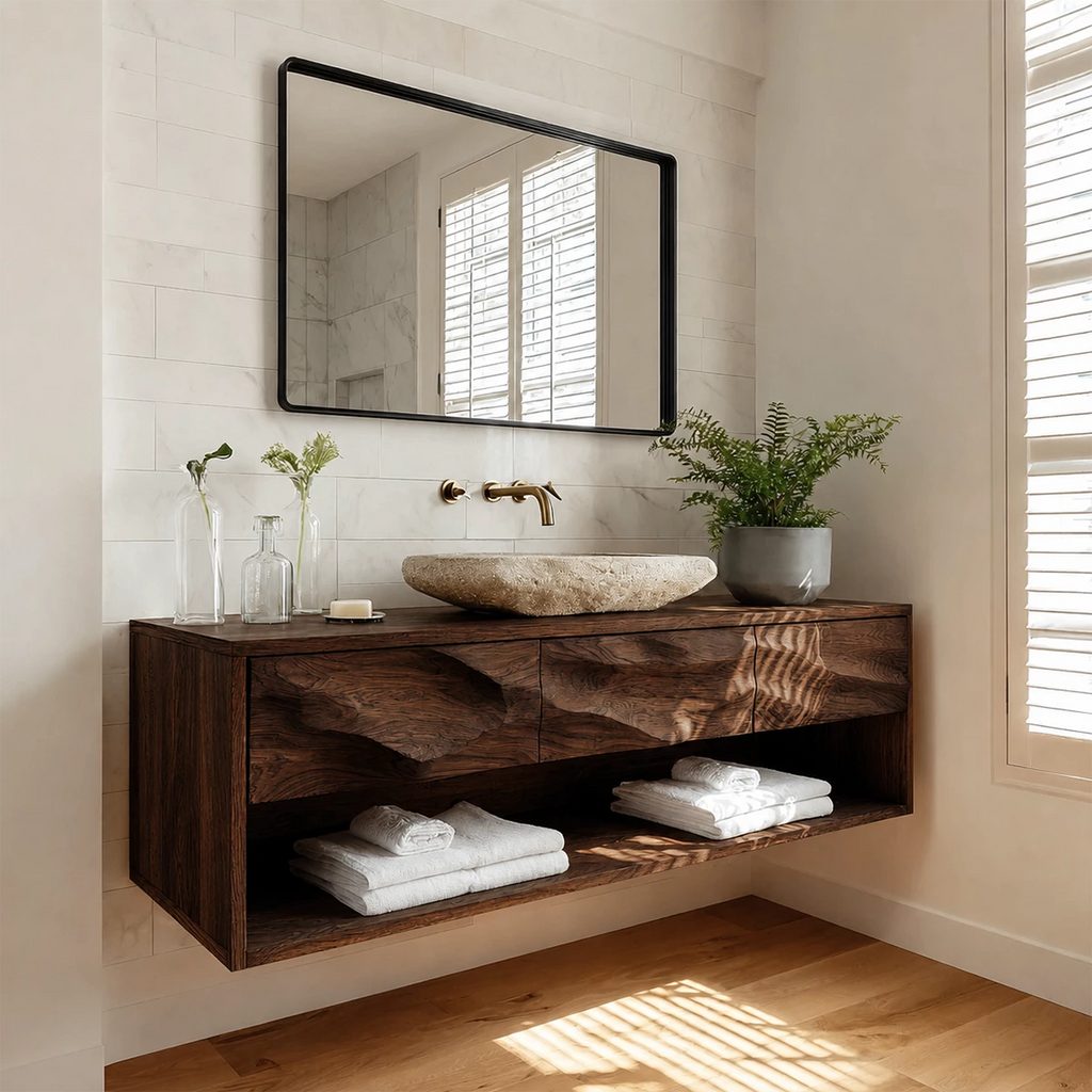 Floating Bathroom Vanity with Sculpted Drawer Fronts in Natural Solid Wood