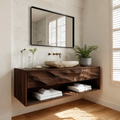 Floating Bathroom Vanity with Sculpted Drawer Fronts in Natural Solid Wood