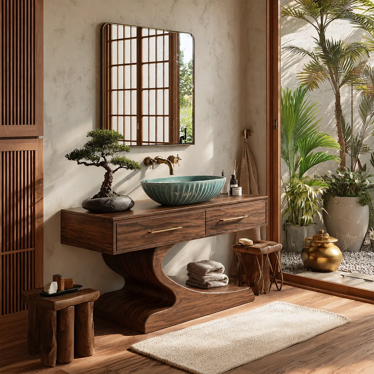Modern Floating Bathroom Vanity with Sculptural Pedestal in Natural Solid Wood