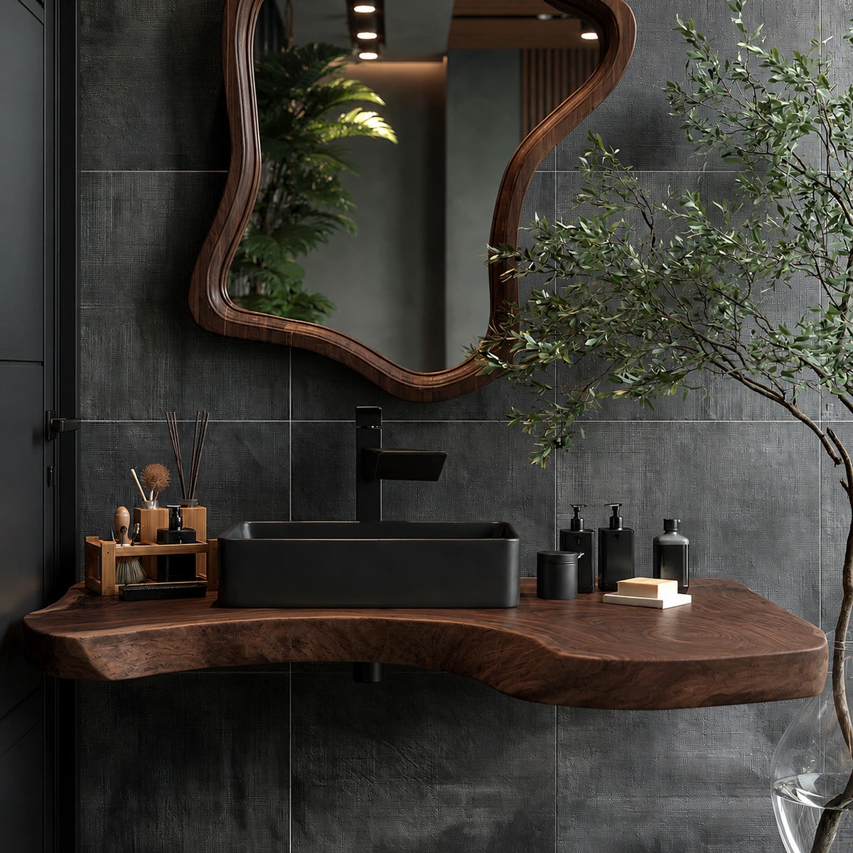 Natural Solid Wood Floating Bathroom Vanity with Sculptural Edge
