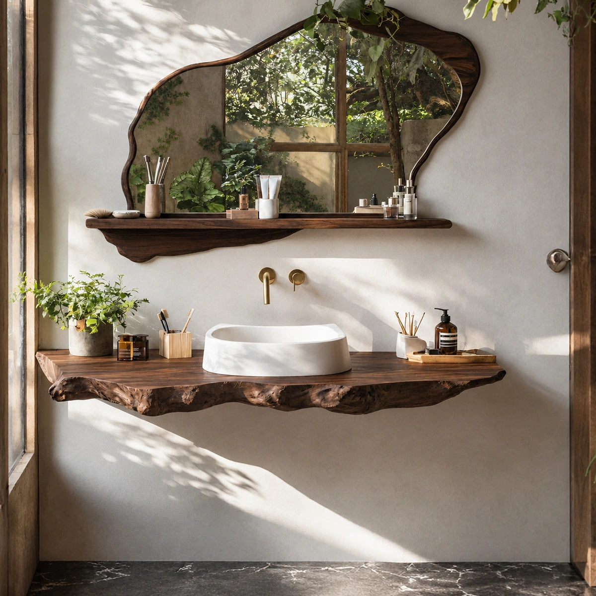 Natural Solid Wood Floating Bathroom Vanity with Sculptural Live Edge Slab