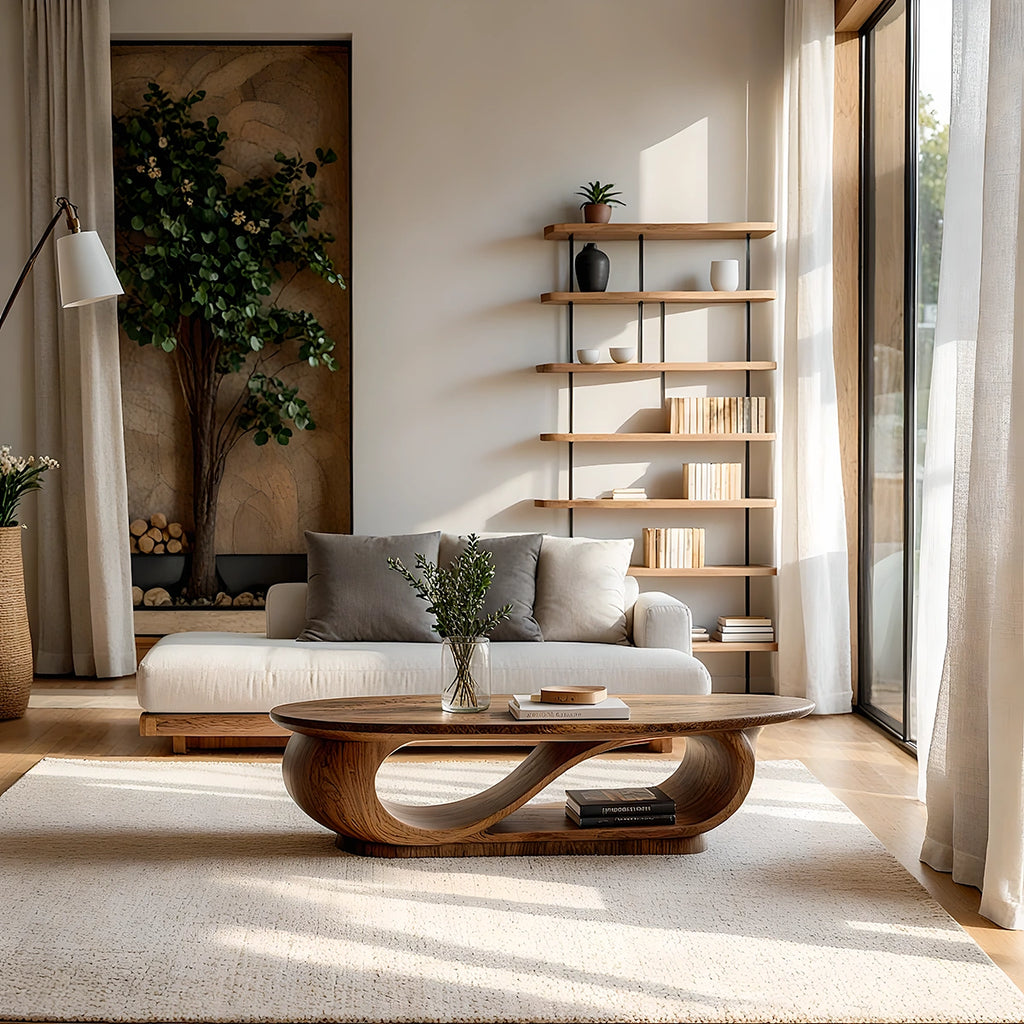 Natural Solid Wood Oval Coffee Table with Sculptural Loop Base and Lower Shelf
