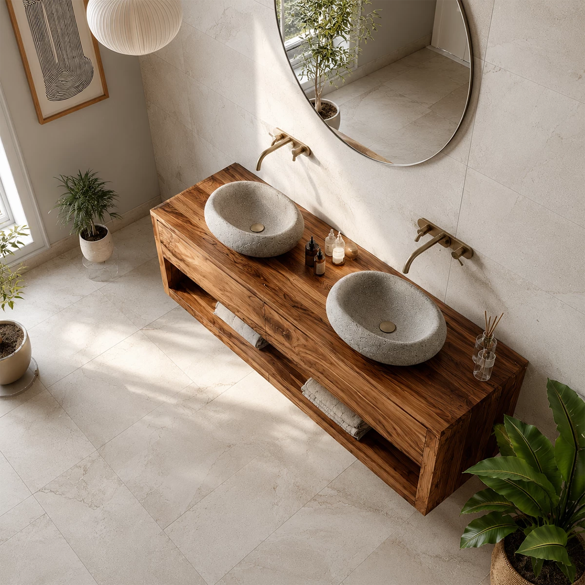 Floating Double Sink Solid Wood Bathroom Vanity with Open Shelf Storage