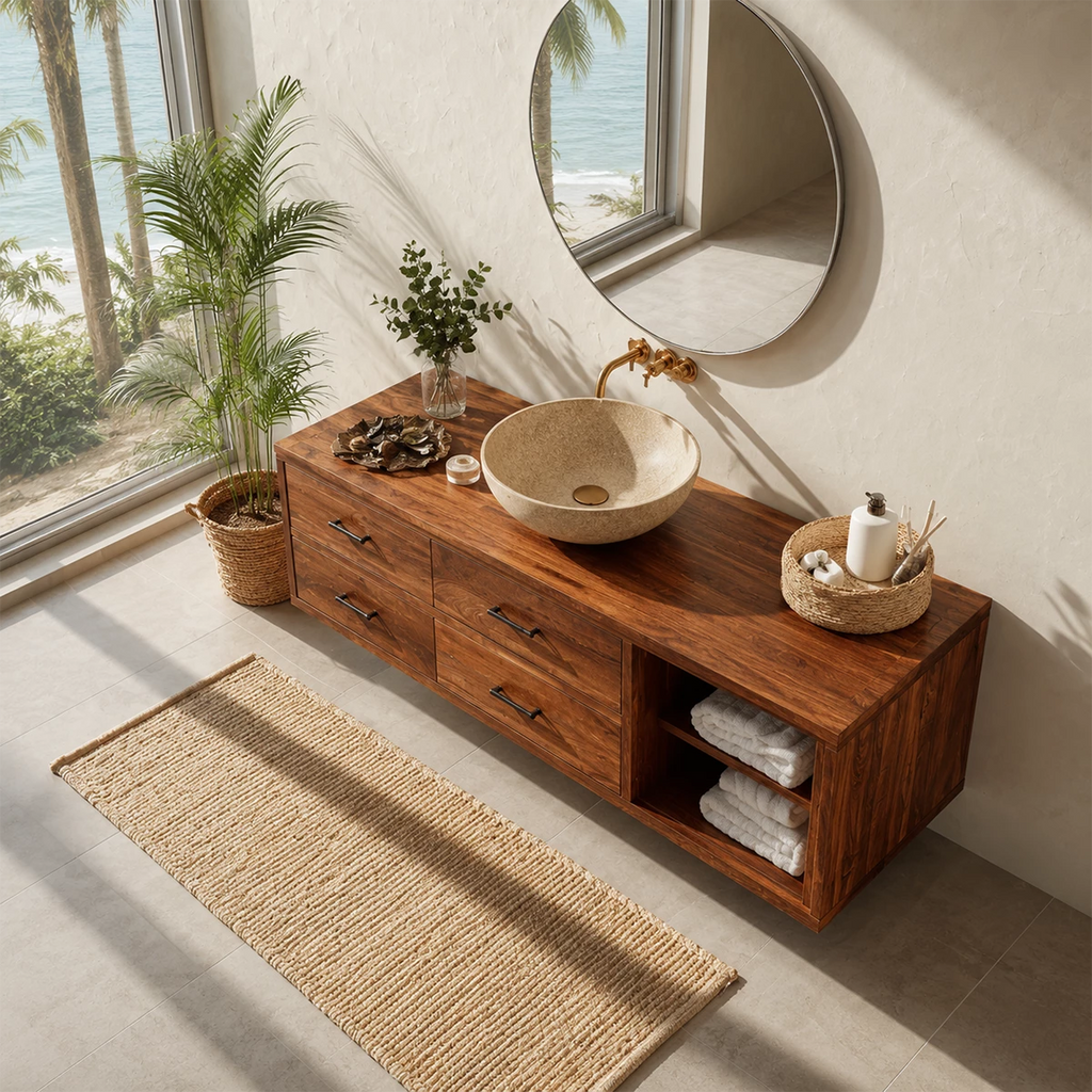 Floating Bathroom Vanity with Open Shelf and Four Drawers in Natural Solid Wood