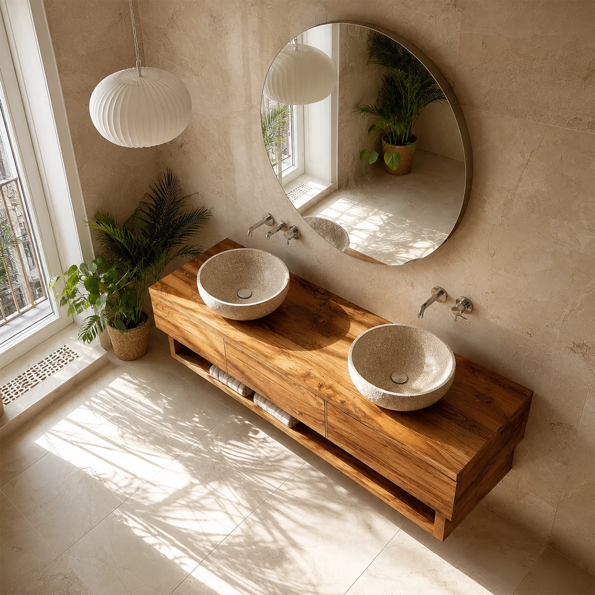 Double Sink Floating Bathroom Vanity with Open Shelf in Natural Solid Wood
