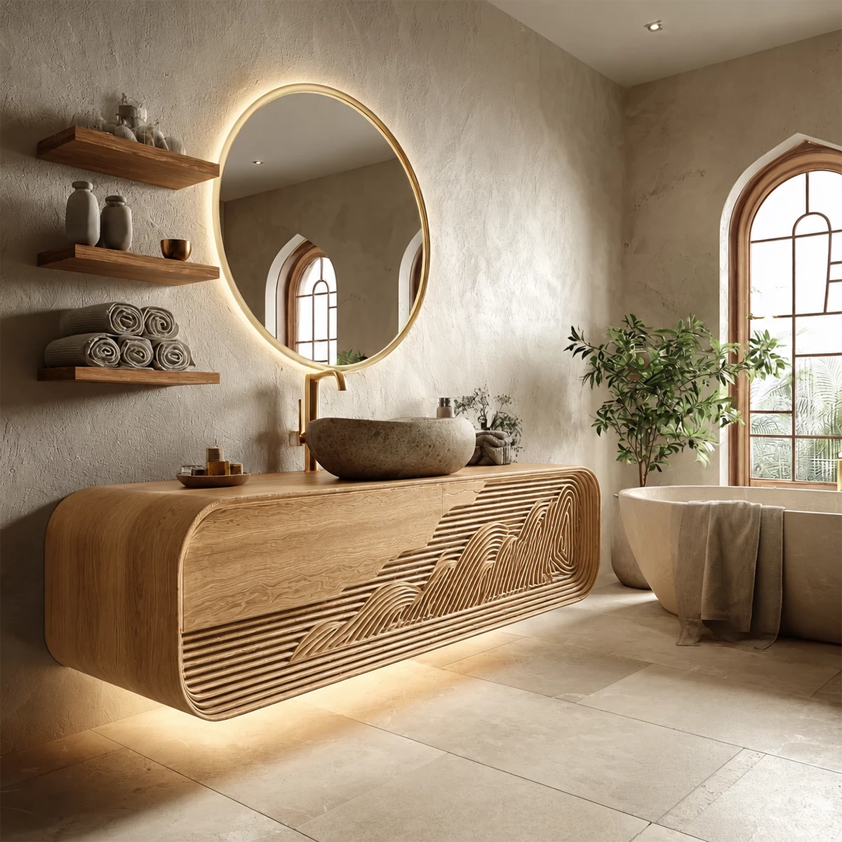 Floating Solid Wood Bathroom Vanity with Mountain Relief Front Design