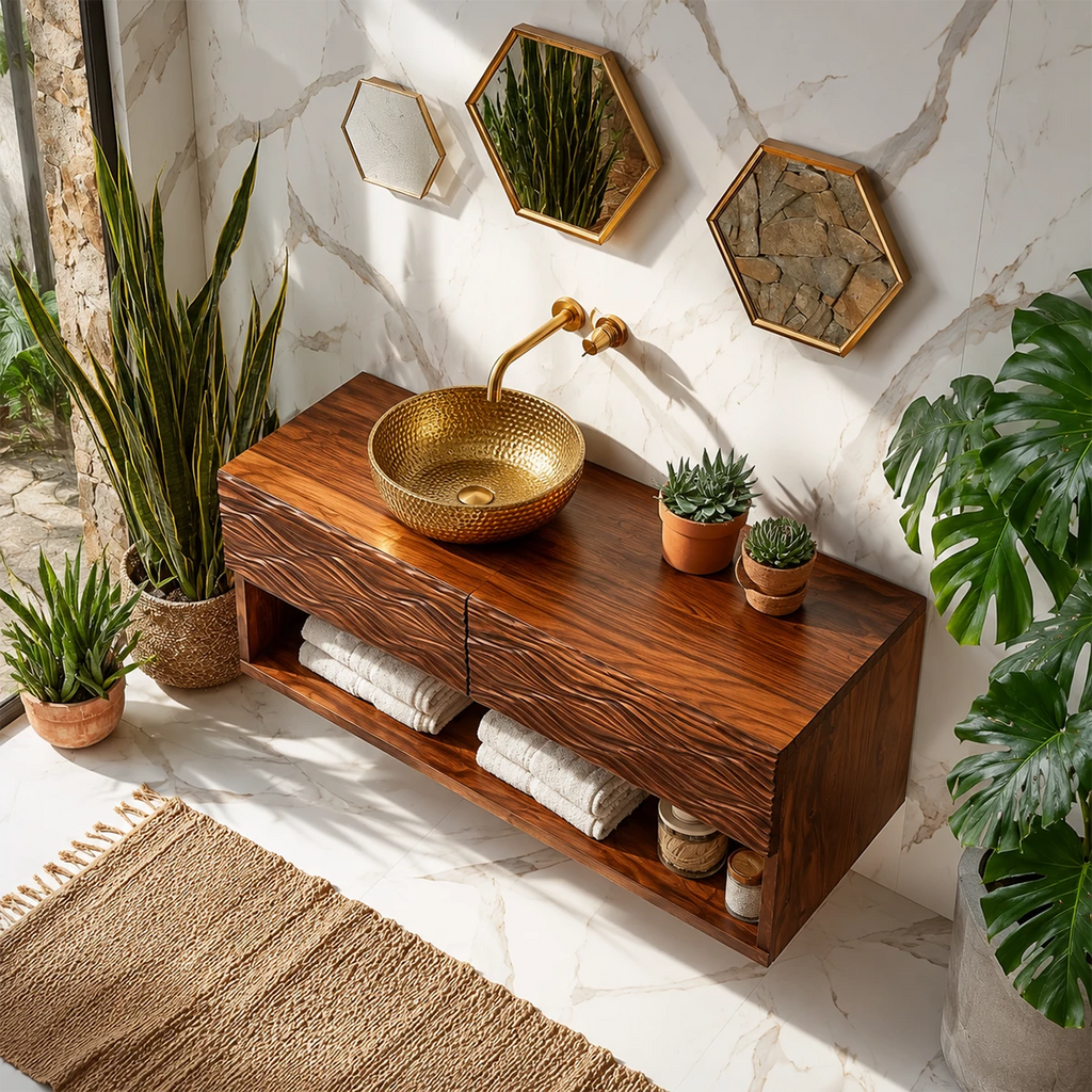 Floating Solid Wood Bathroom Vanity with Carved Wave Doors and Open Shelf