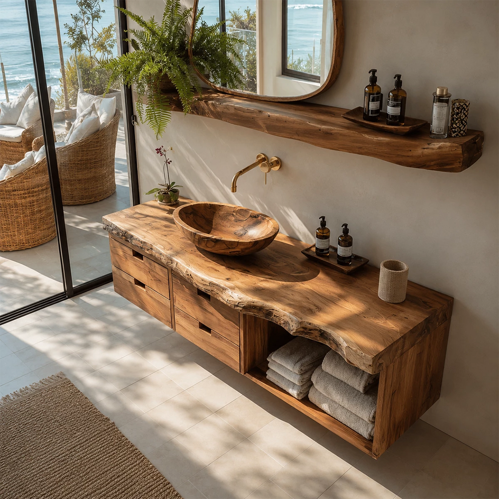 Floating Live Edge Solid Wood Bathroom Vanity with Four Drawers and Open Shelf