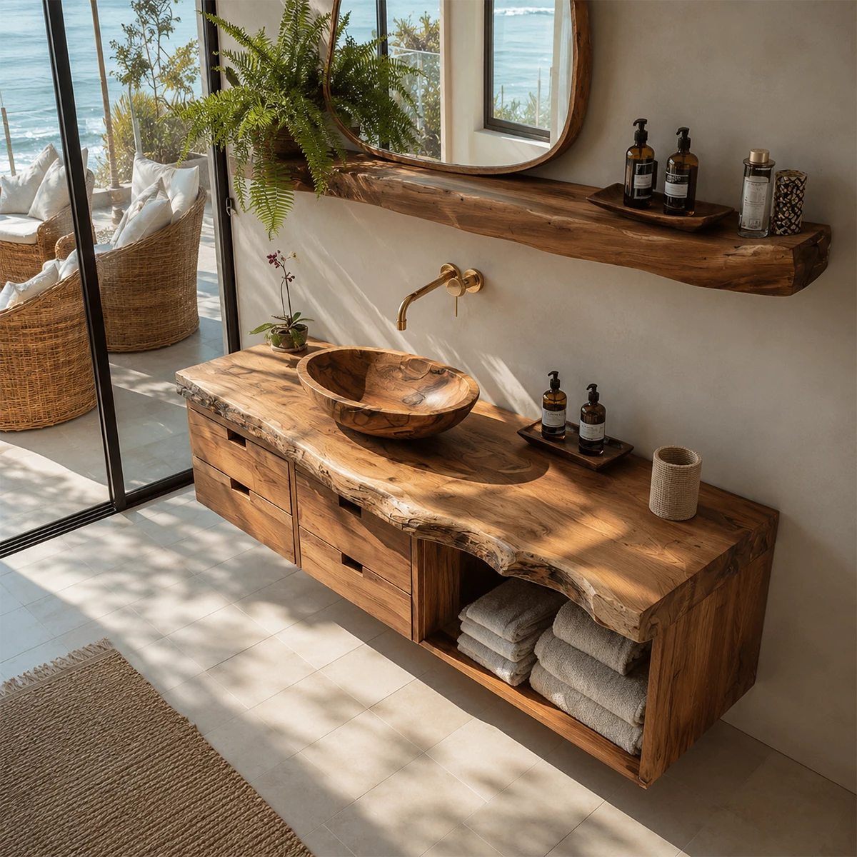 Floating Live Edge Solid Wood Bathroom Vanity with Four Drawers and Open Shelf