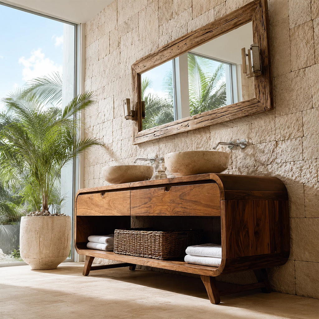 Double Sink Bathroom Vanity with Rounded Corners in Natural Solid Wood