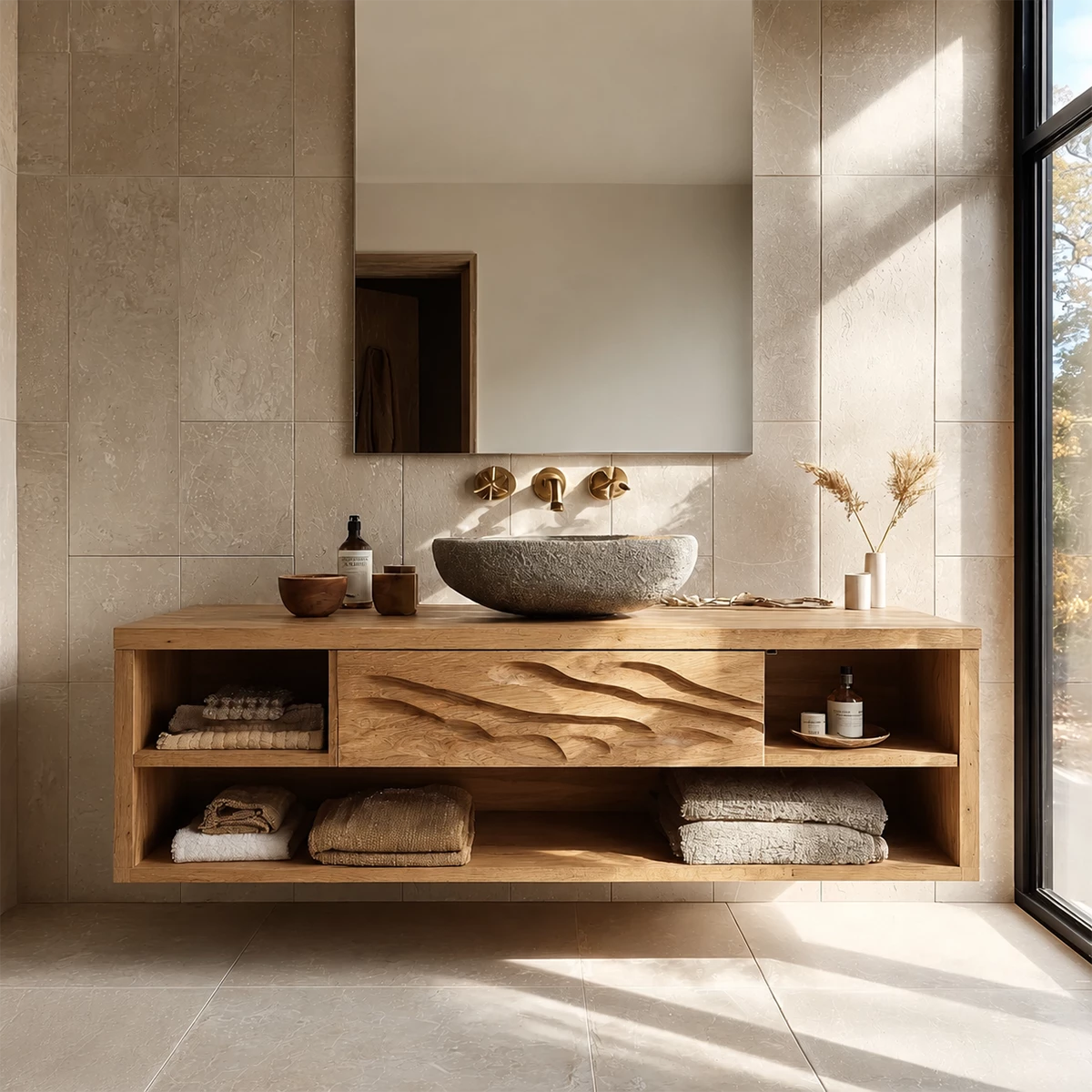 Floating Bathroom Vanity with Wave-Carved Drawer in Natural Solid Wood