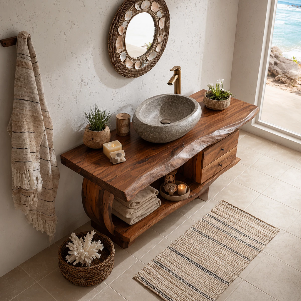 Live Edge Bathroom Vanity with Curved Open Shelf in Natural Solid Wood