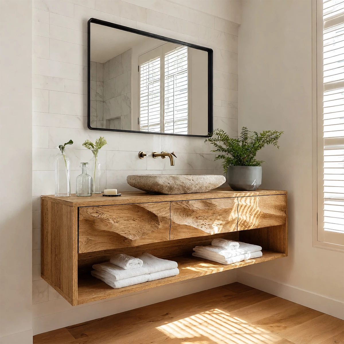 Floating Bathroom Vanity with Sculpted Drawer Fronts in Natural Solid Wood