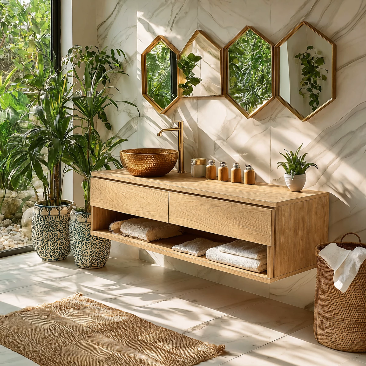Floating Bathroom Vanity with Open Shelf and Dual Drawers in Natural Solid Wood