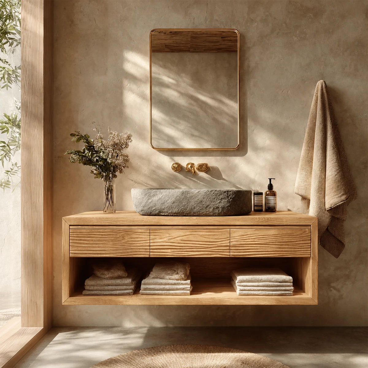 Floating Bathroom Vanity with Textured Wood Drawers and Open Shelf in Natural Solid Wood