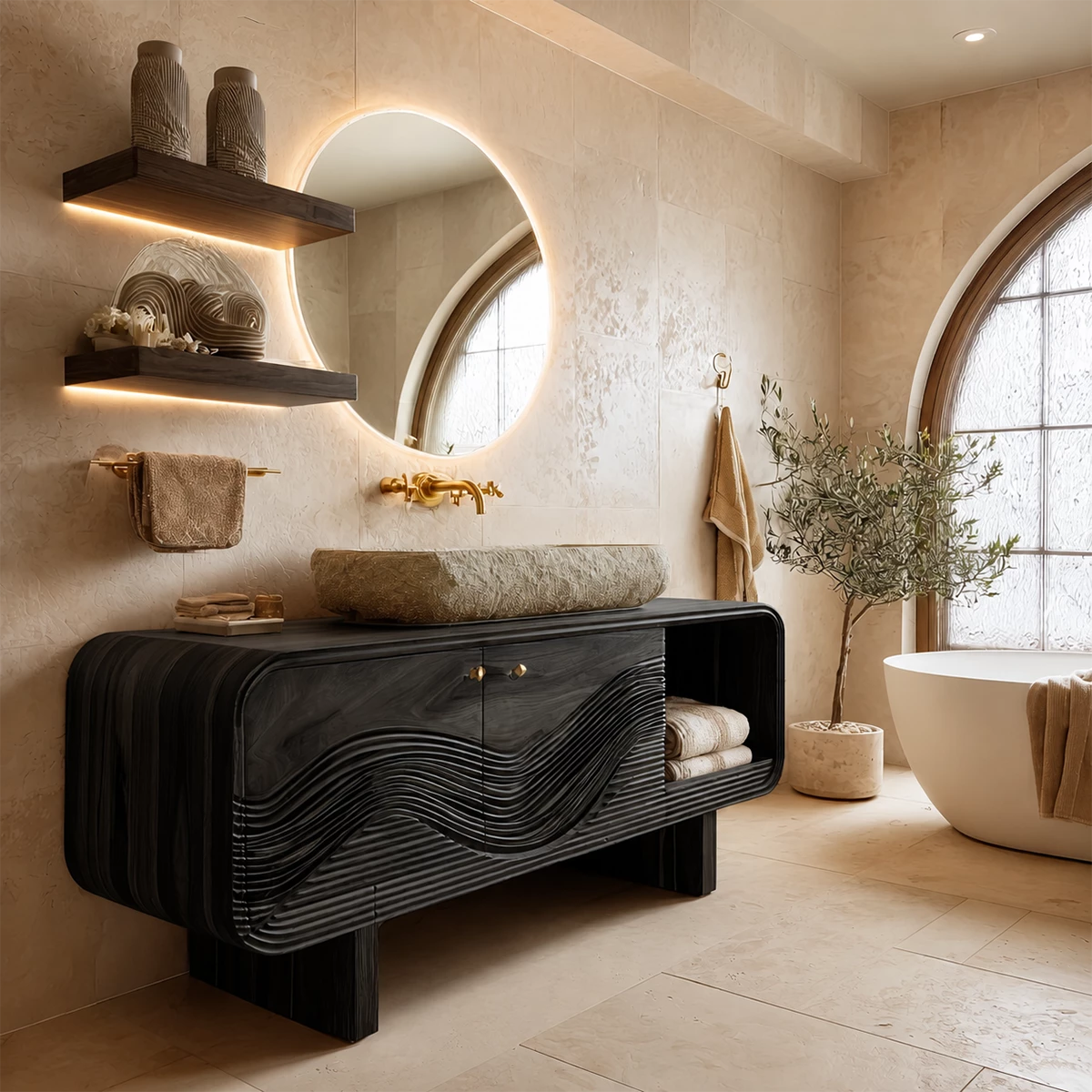 Modern Solid Wood Bathroom Vanity with Sculpted Wave Front and Open Shelf