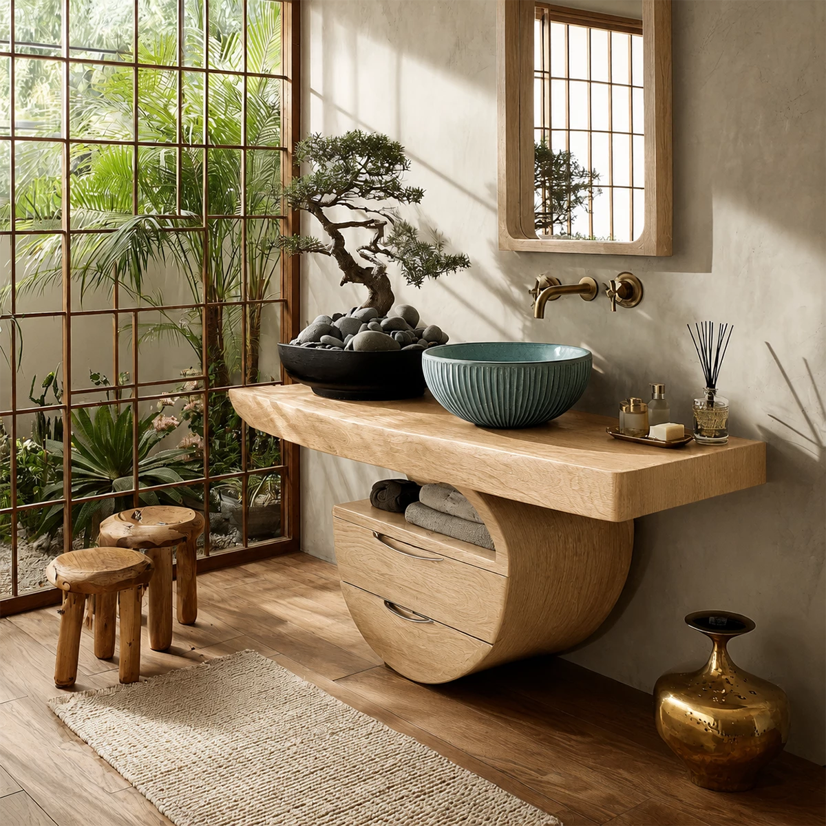 Sculptural Floating Bathroom Vanity with Curved Storage Base in Natural Solid Wood