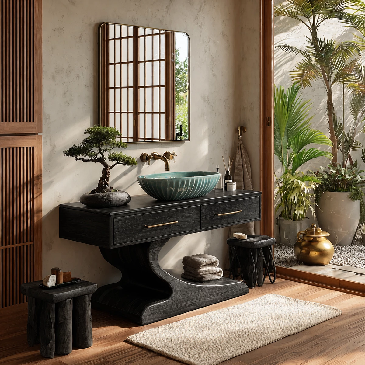 Modern Floating Bathroom Vanity with Sculptural Pedestal in Natural Solid Wood