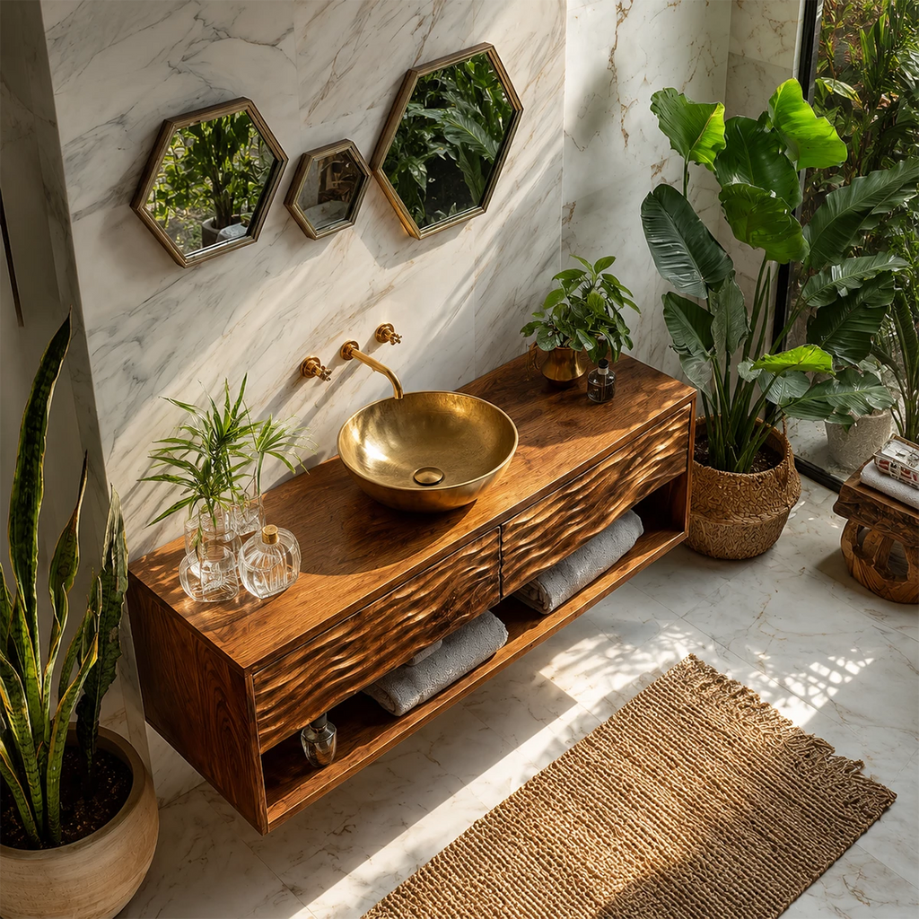 Floating Solid Wood Bathroom Vanity with Carved Wave Drawers and Open Storage