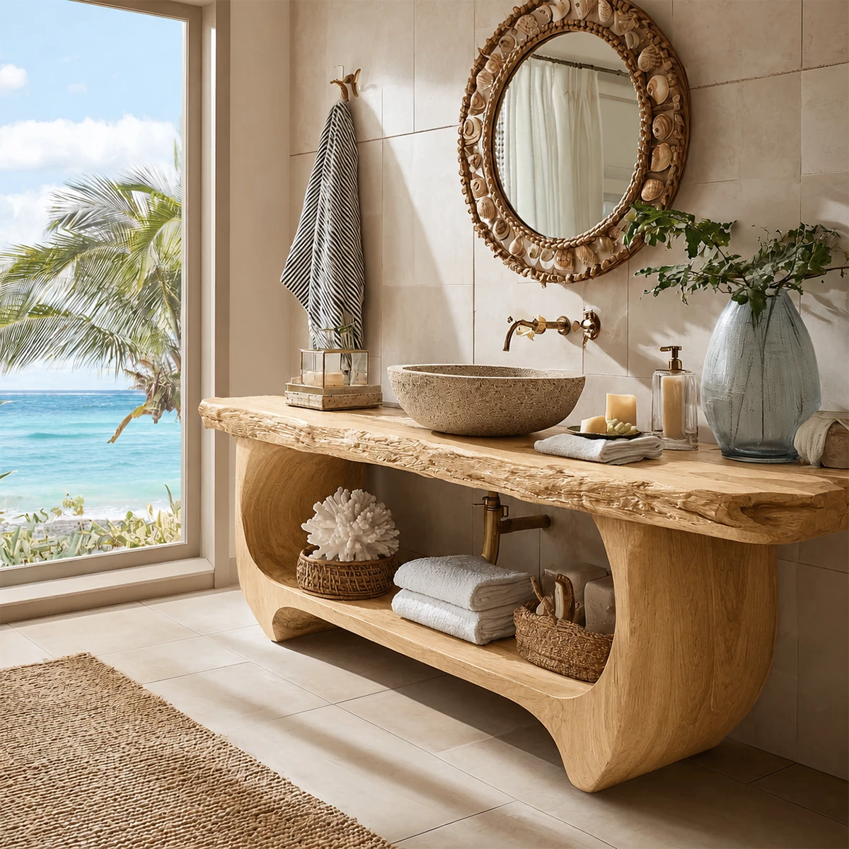 Live Edge Bathroom Vanity with Sculptural Open Shelf in Natural Solid Wood
