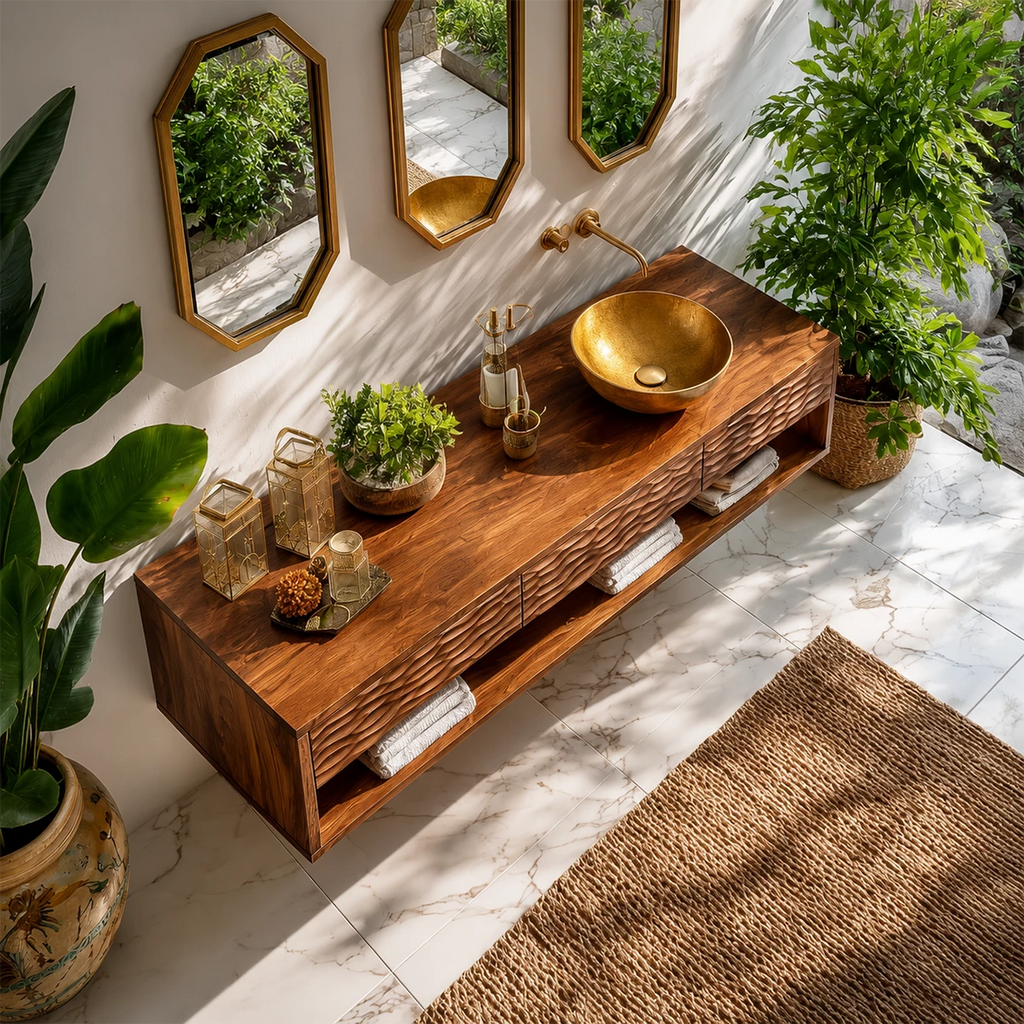 Handcrafted Floating Bathroom Vanity with Carved Drawer Fronts in Natural Solid Wood