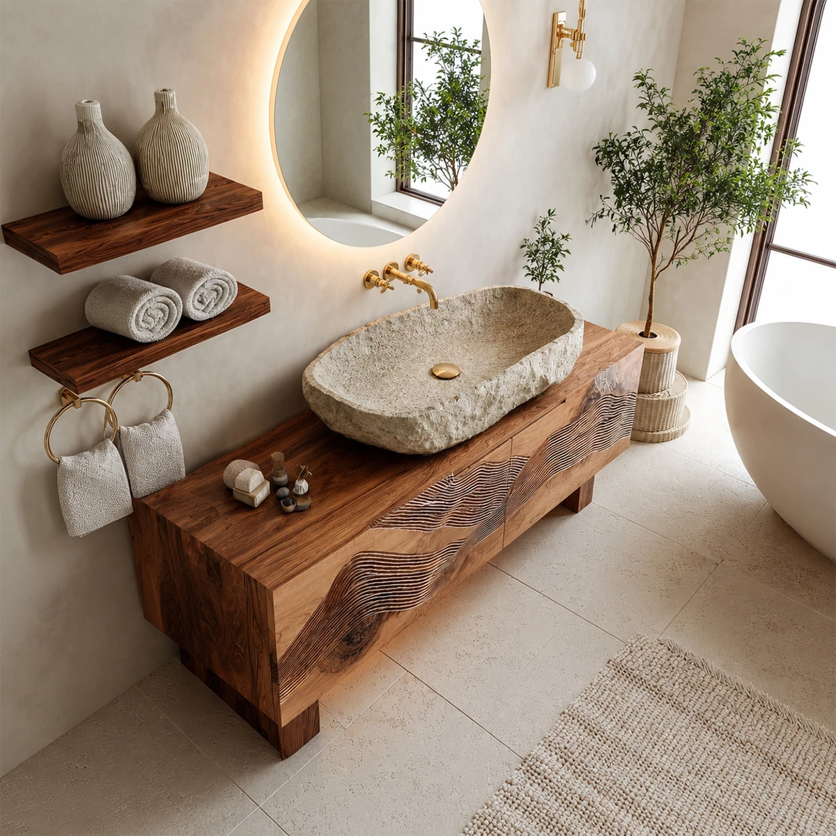 Artistic Bathroom Vanity with Layered Wave Carved Front in Natural Solid Wood