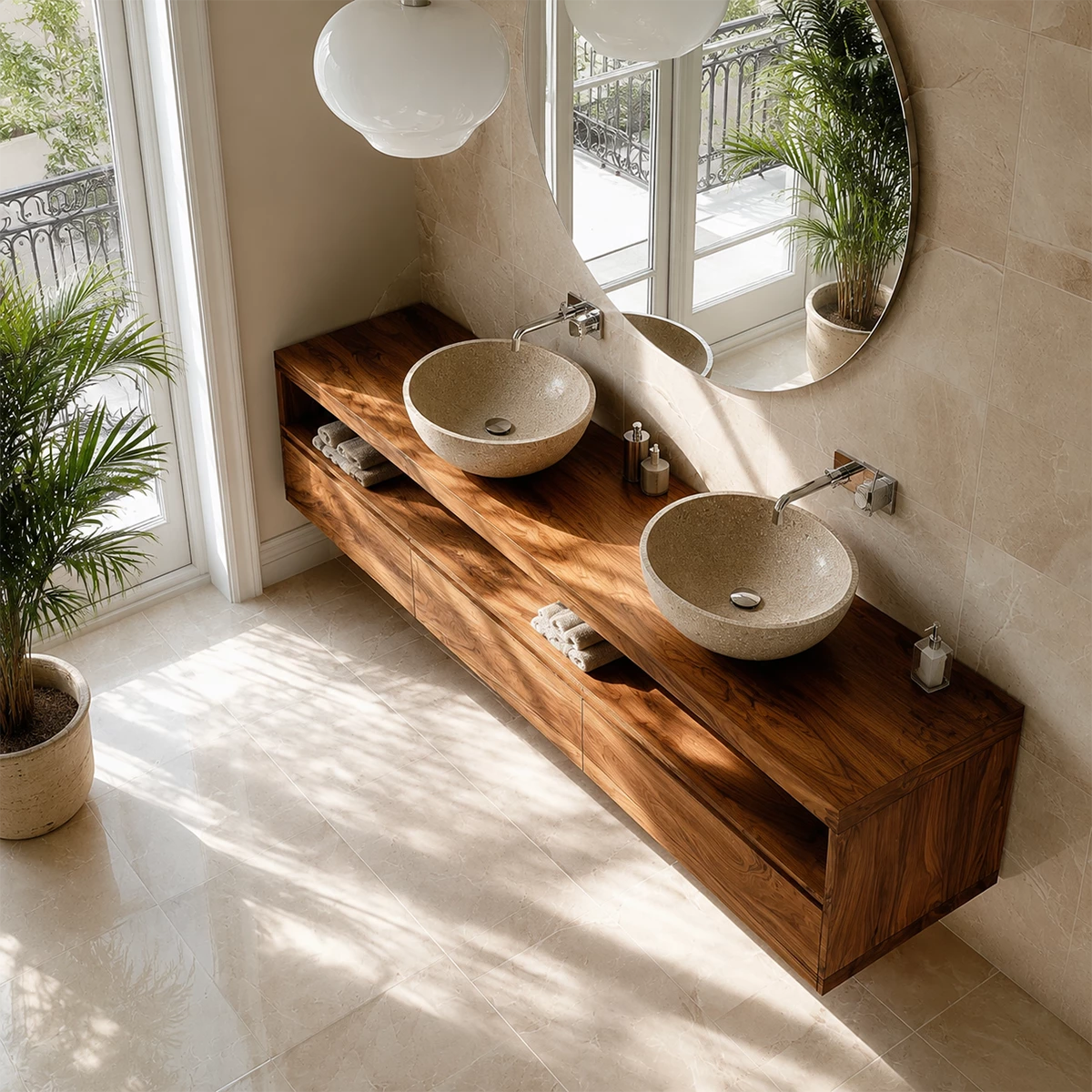 Double Sink Floating Bathroom Vanity with Open Shelf in Natural Solid Wood