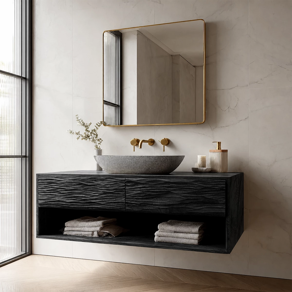 Floating Solid Wood Bathroom Vanity with Textured Front & Open Shelf Storage