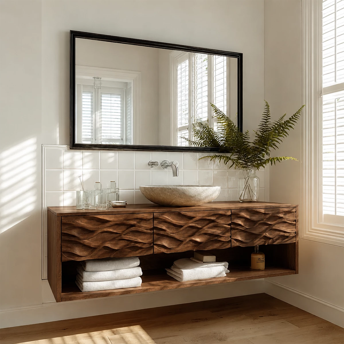 Floating Solid Wood Bathroom Vanity with Carved Wave Front and Open Shelf