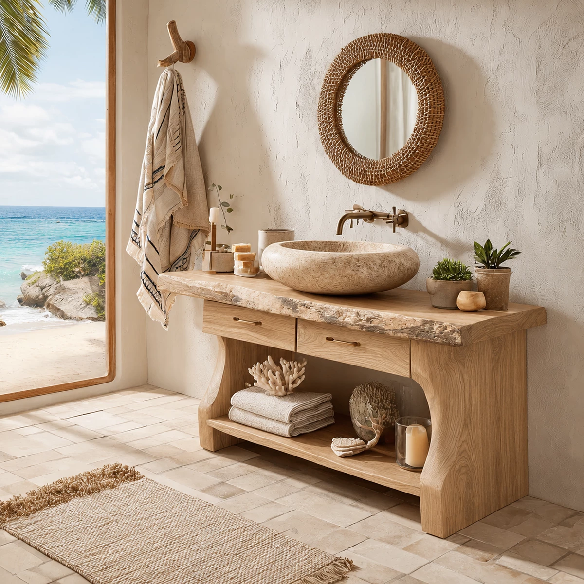 Live Edge Bathroom Vanity with Open Shelf in Natural Solid Wood