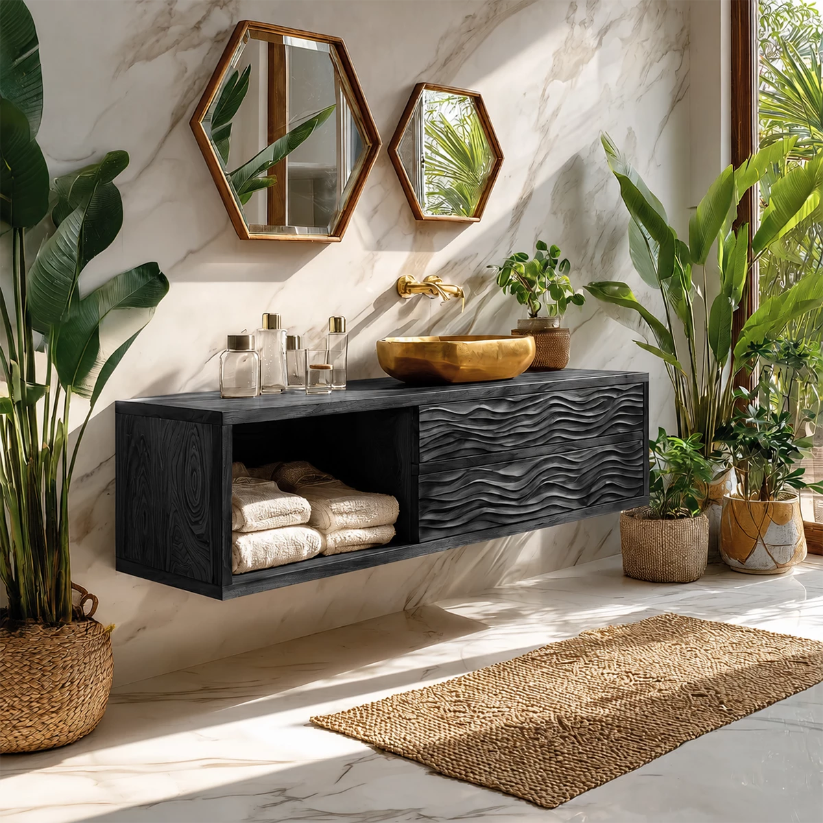 Floating Solid Wood Bathroom Vanity with Wave Carved Drawers and Open Shelf