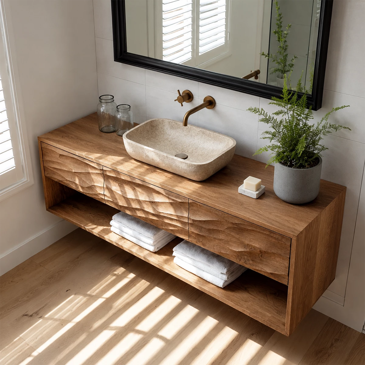 Floating Bathroom Vanity with Hand-Carved Wave Drawers in Natural Solid Wood