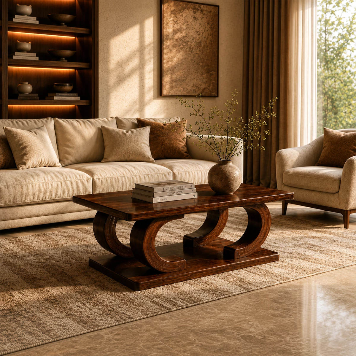 Rectangular Arch Wood Coffee Table – Sculptural Natural Wood Center Table for Living Room