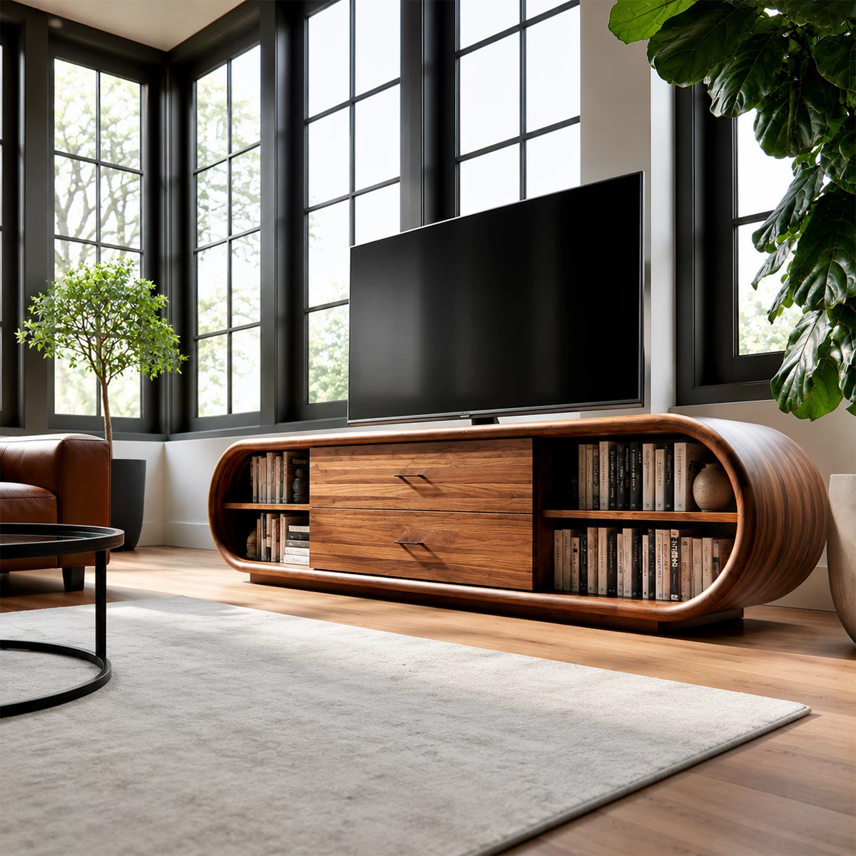 Natural Solid Wood TV Stand with Two Drawers and Rounded Open Shelves