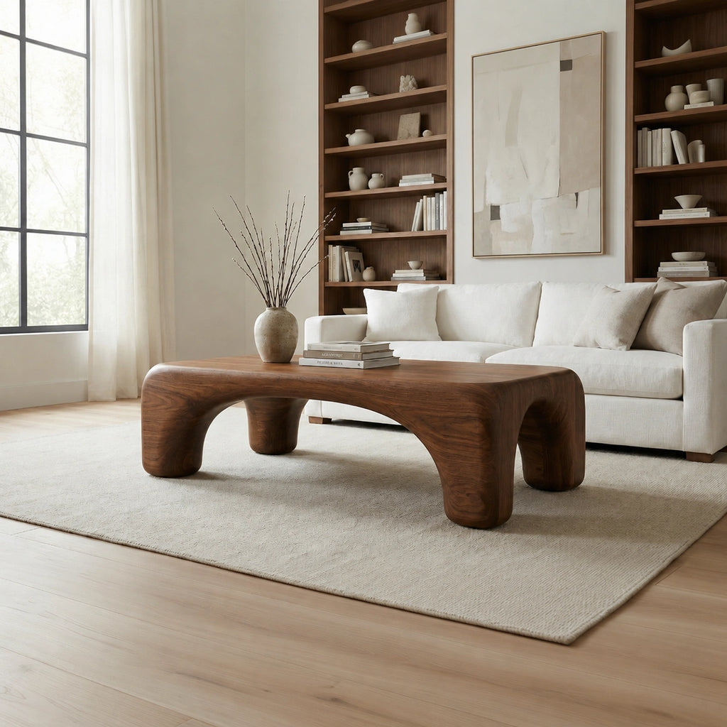 Natural Solid Wood Coffee Table with Rounded Top and Sculptural Arch Legs