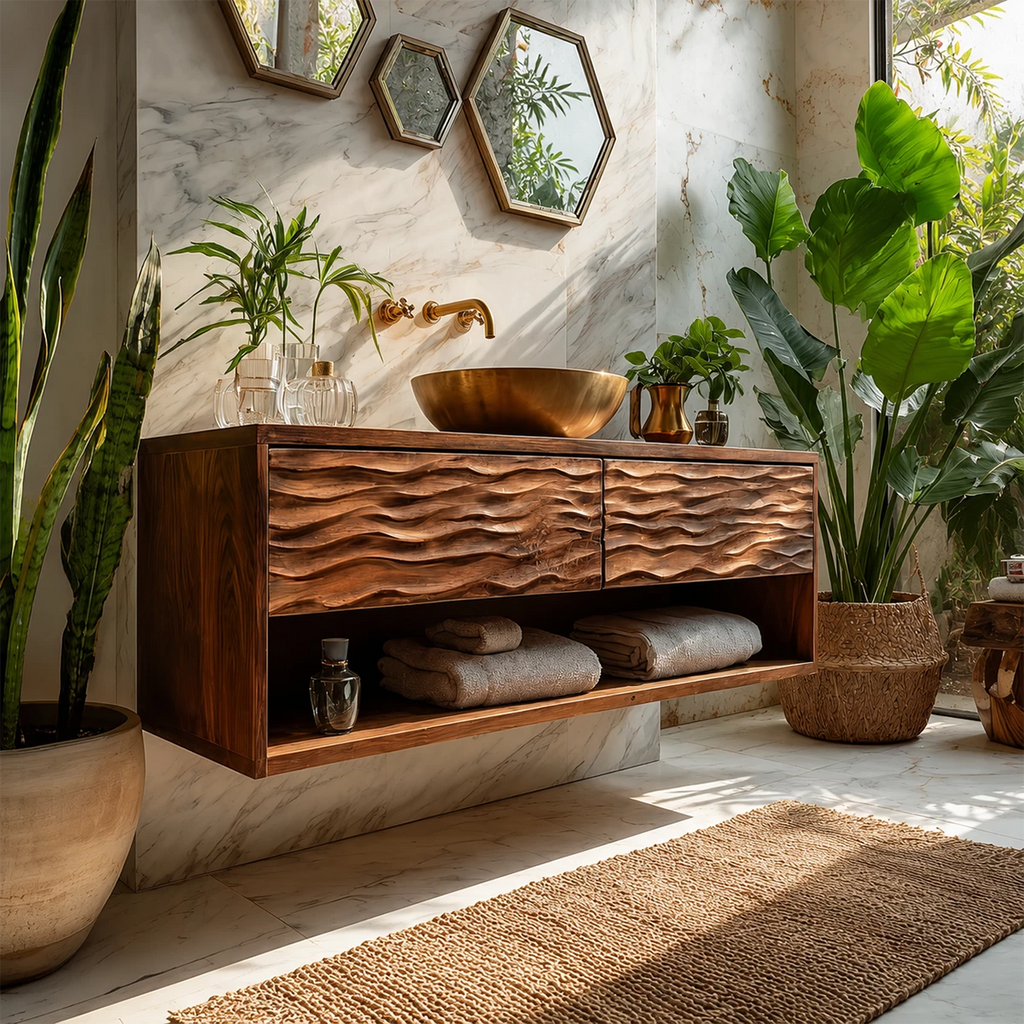 Floating Solid Wood Bathroom Vanity with Carved Wave Drawers and Open Storage