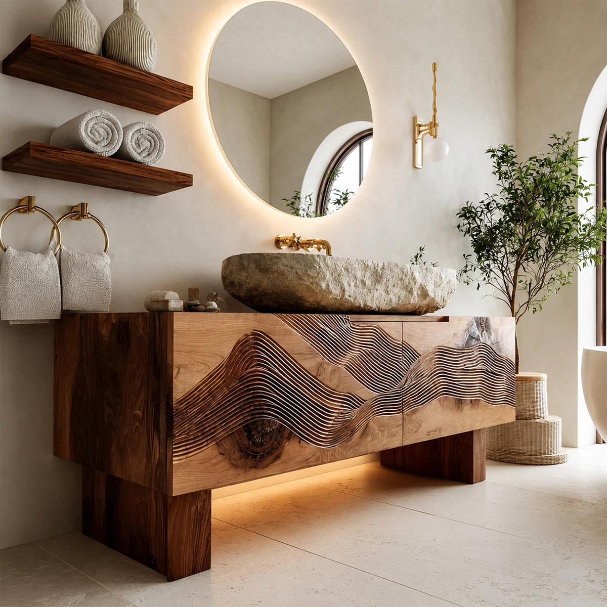 Artistic Bathroom Vanity with Layered Wave Carved Front in Natural Solid Wood