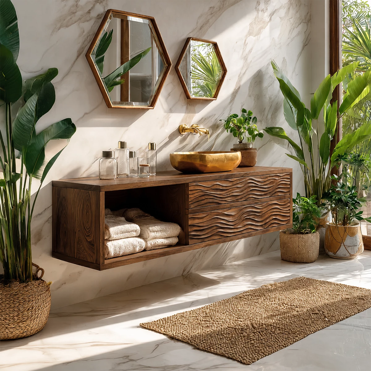 Floating Solid Wood Bathroom Vanity with Wave Carved Drawers and Open Shelf