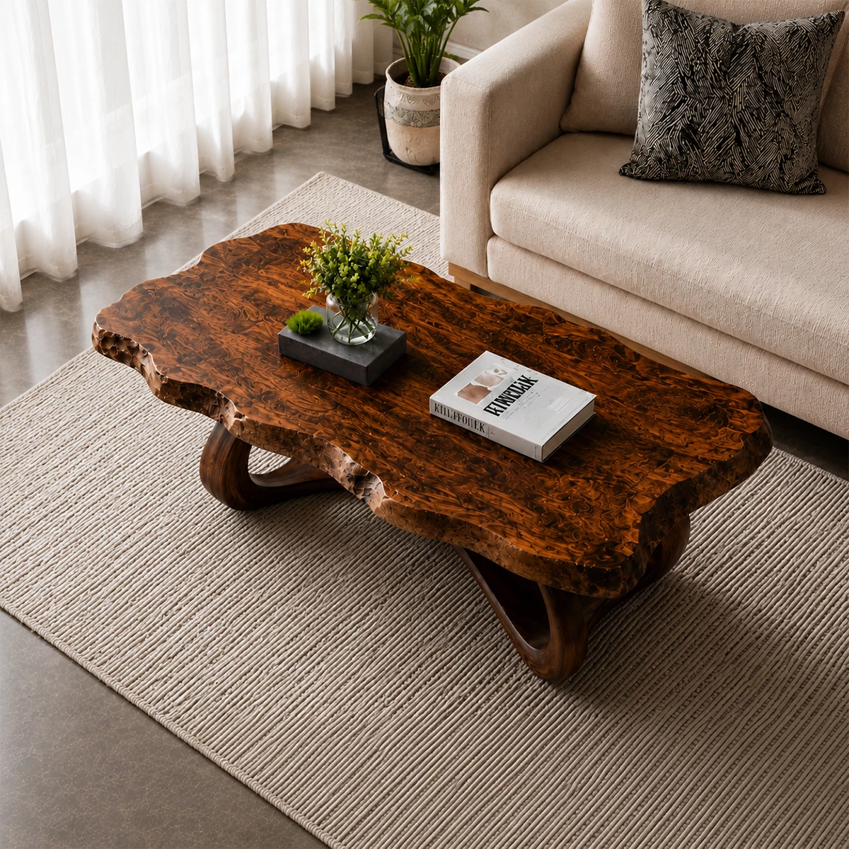 Live Edge Burl Wood Coffee Table – Sculptural Natural Wood Center Table for Modern Living Room