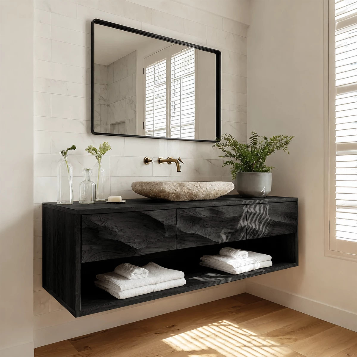 Floating Bathroom Vanity with Sculpted Drawer Fronts in Natural Solid Wood