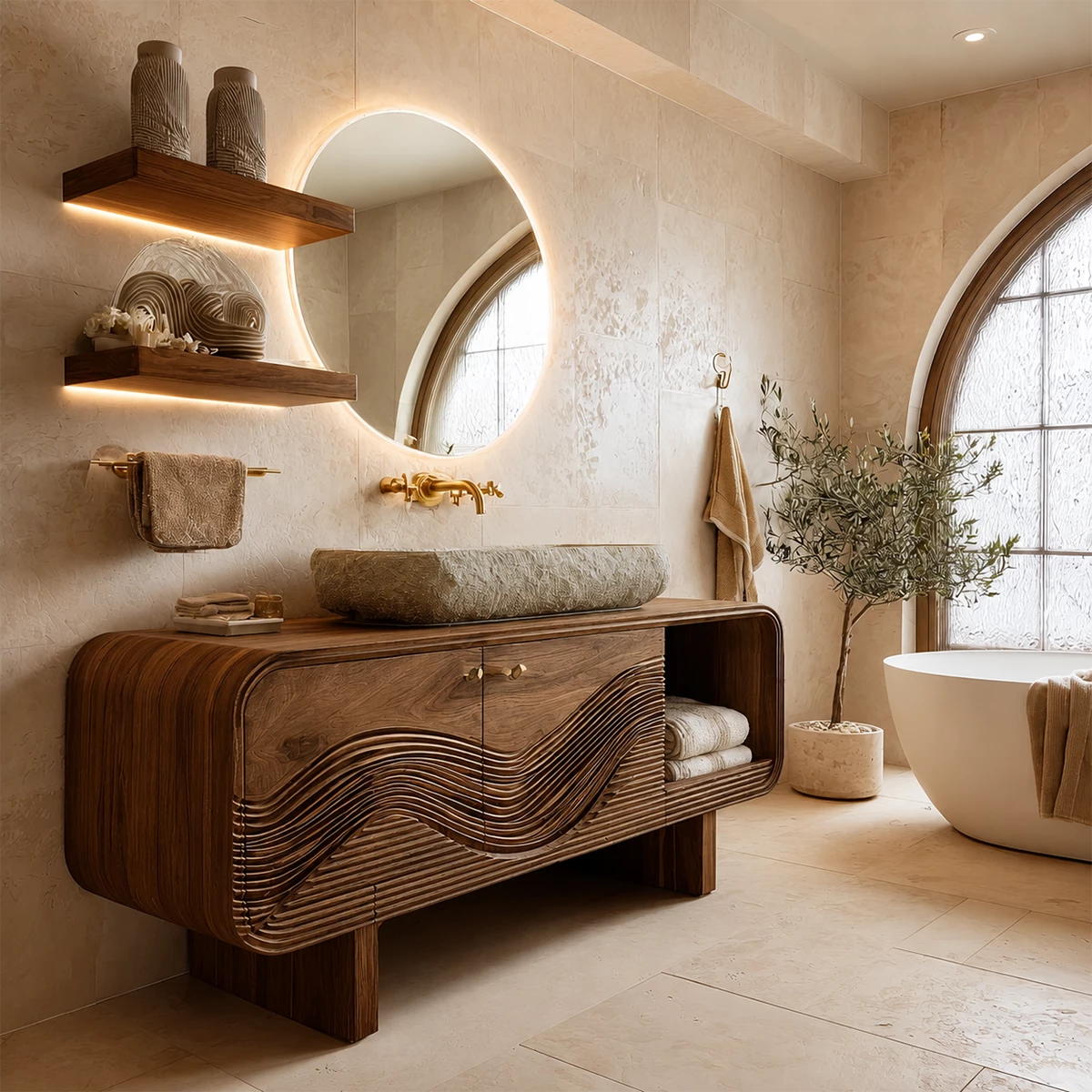 Modern Solid Wood Bathroom Vanity with Sculpted Wave Front and Open Shelf