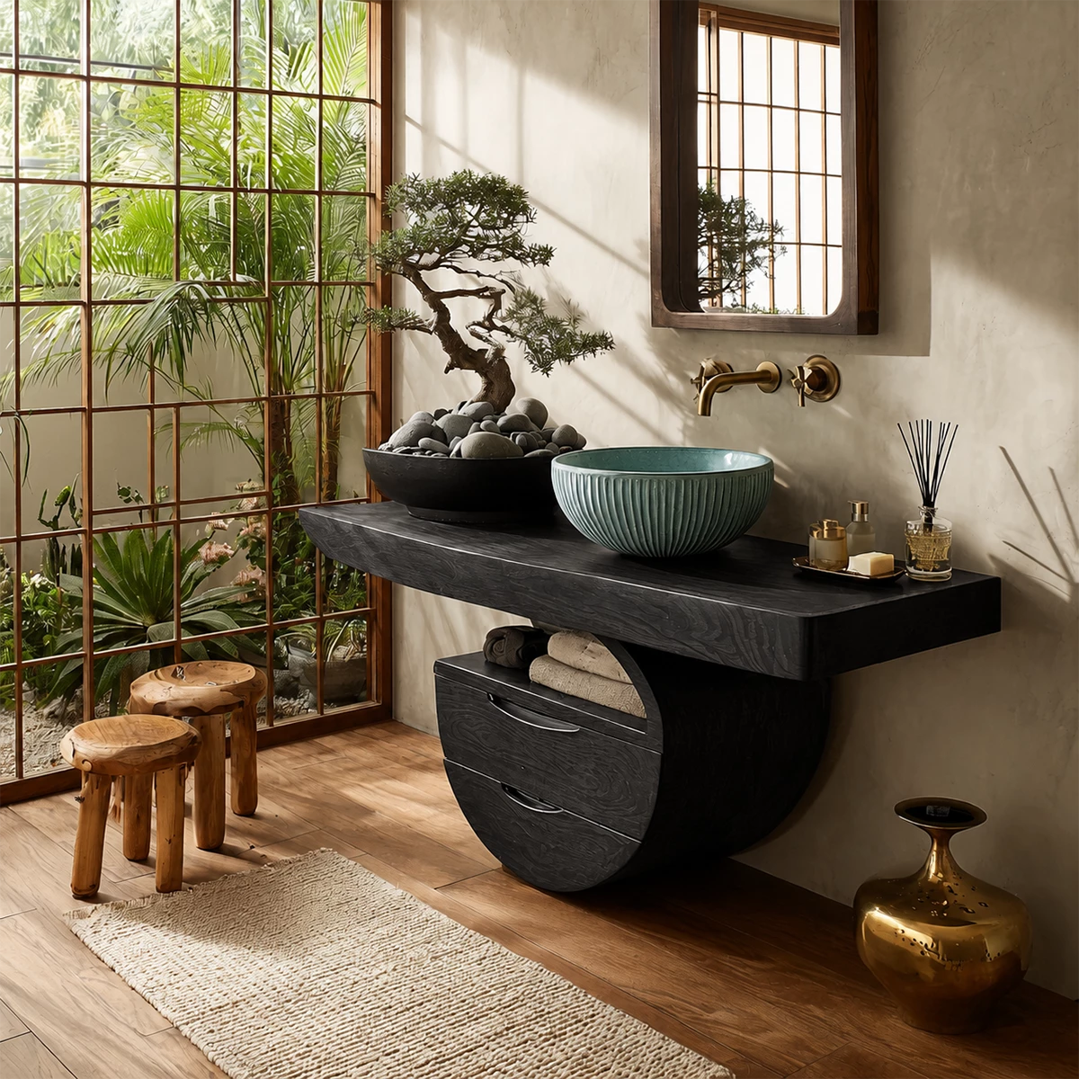 Sculptural Floating Bathroom Vanity with Curved Storage Base in Natural Solid Wood