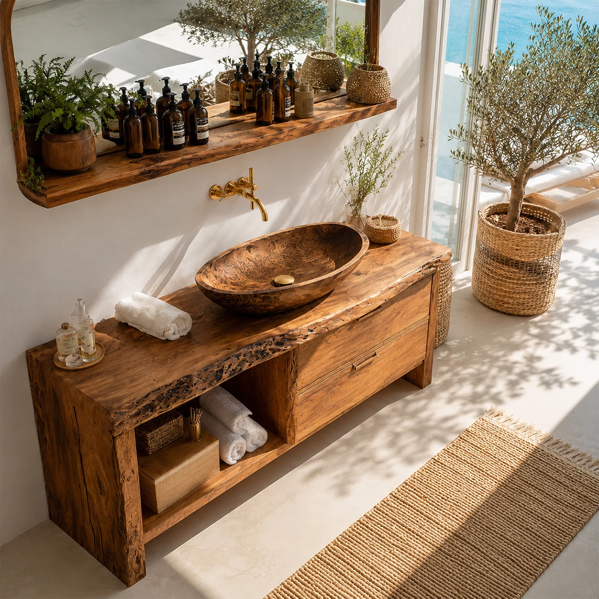 Live Edge Bathroom Vanity with Open Shelf and Dual Drawers in Natural Solid Wood