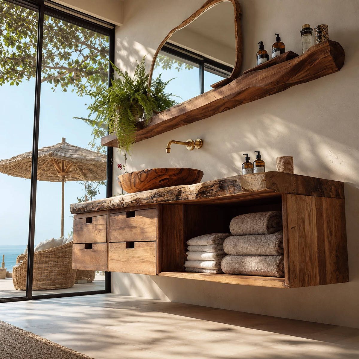 Floating Live Edge Solid Wood Bathroom Vanity with Four Drawers and Open Shelf