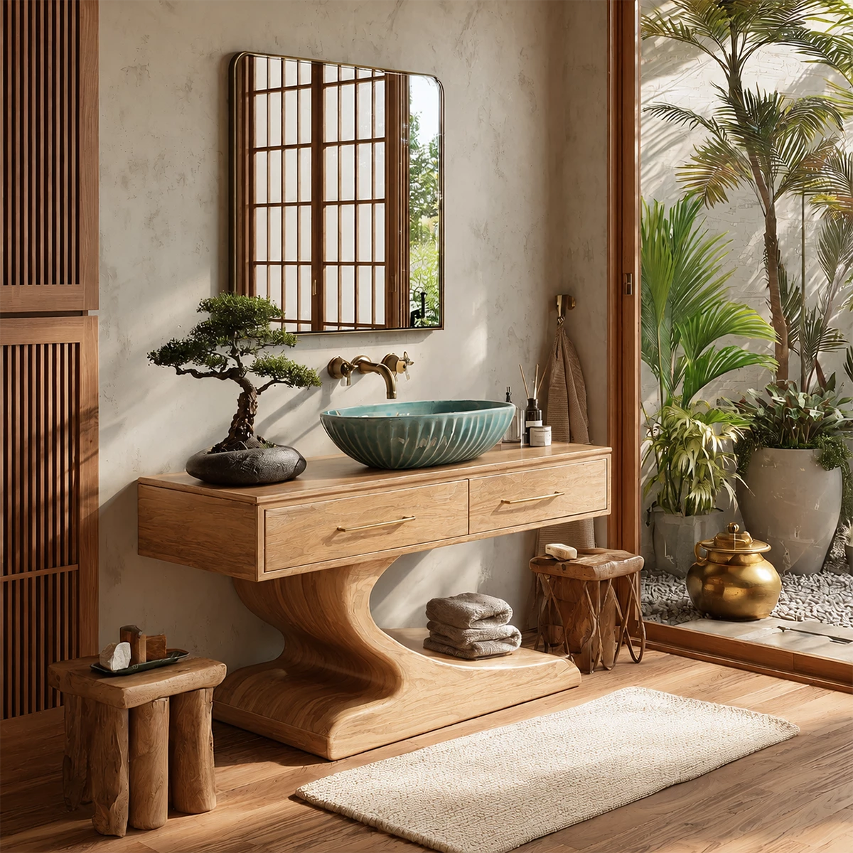Modern Floating Bathroom Vanity with Sculptural Pedestal in Natural Solid Wood