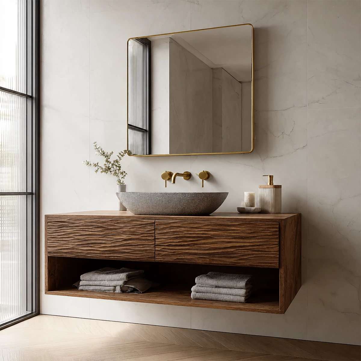 Floating Solid Wood Bathroom Vanity with Textured Front & Open Shelf Storage