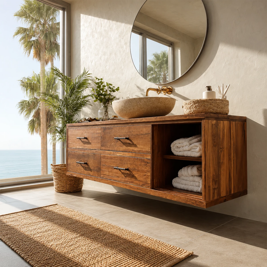 Floating Bathroom Vanity with Open Shelf and Four Drawers in Natural Solid Wood